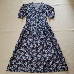 Vintage 80's Laura Ashley Maxi Dress Size 8 Black Floral Made In Great Britain